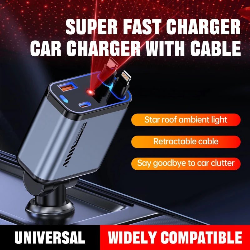 120W Starry Sky Car Charger – Fast Charging with 4-in-1 Telescopic Cable & Digital Display