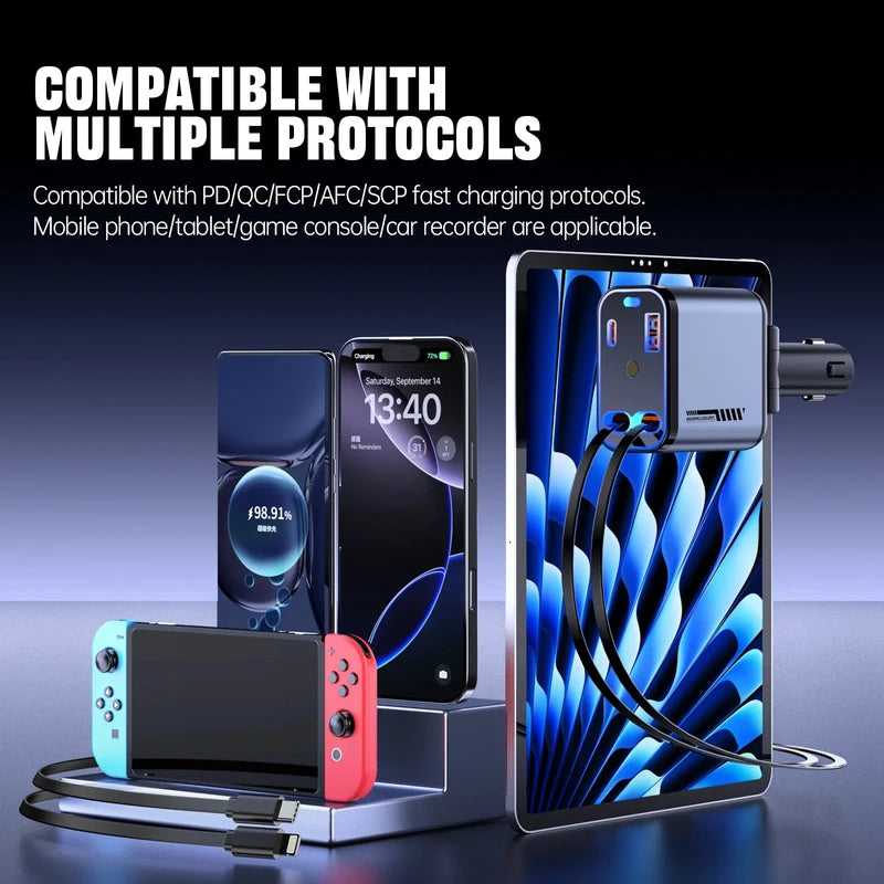 120W Starry Sky Car Charger – Fast Charging with 4-in-1 Telescopic Cable & Digital Display