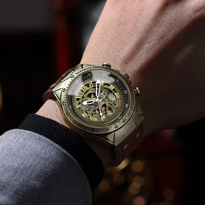 Men’s A275 Skeleton Steampunk Watch – Automatic Mechanical Luxury with Leather Band & Crystal Glass