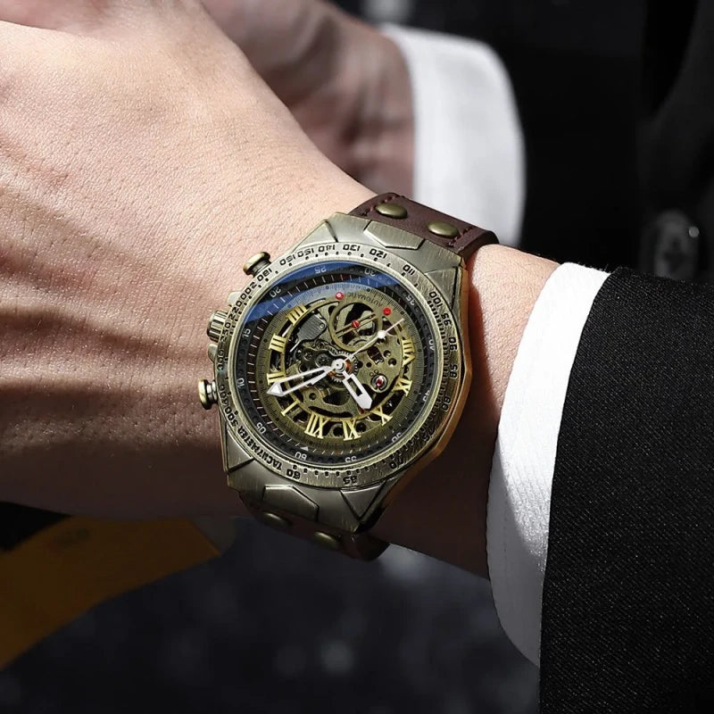 Men’s A275 Skeleton Steampunk Watch – Automatic Mechanical Luxury with Leather Band & Crystal Glass