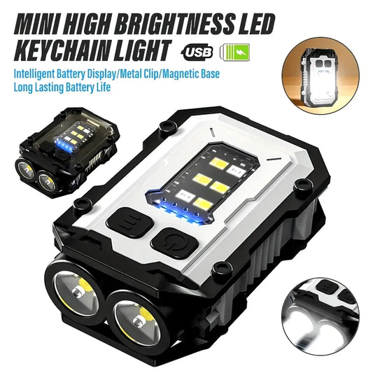 Mini Rechargeable Keychain Flashlight – LED Light with Clip, Magnetic Base & Power Display