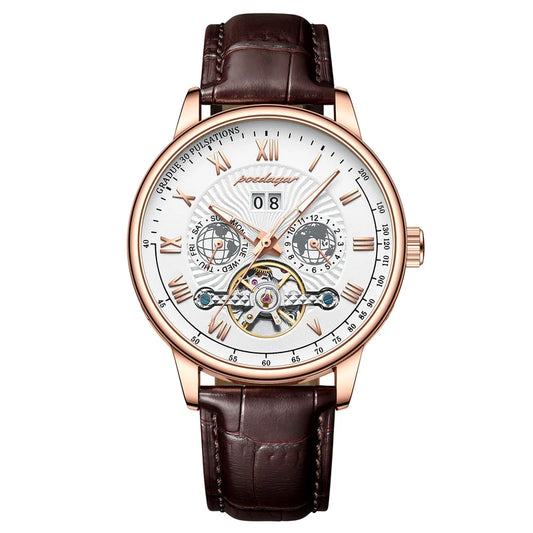 POEDAGAR Automatic Tourbillon Watch – Men’s Business Casual, Luminous Waterproof Leather with Full Calendar