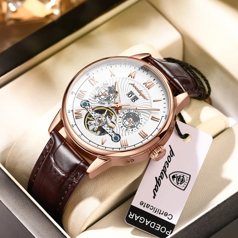 POEDAGAR Automatic Tourbillon Watch – Men’s Business Casual, Luminous Waterproof Leather with Full Calendar