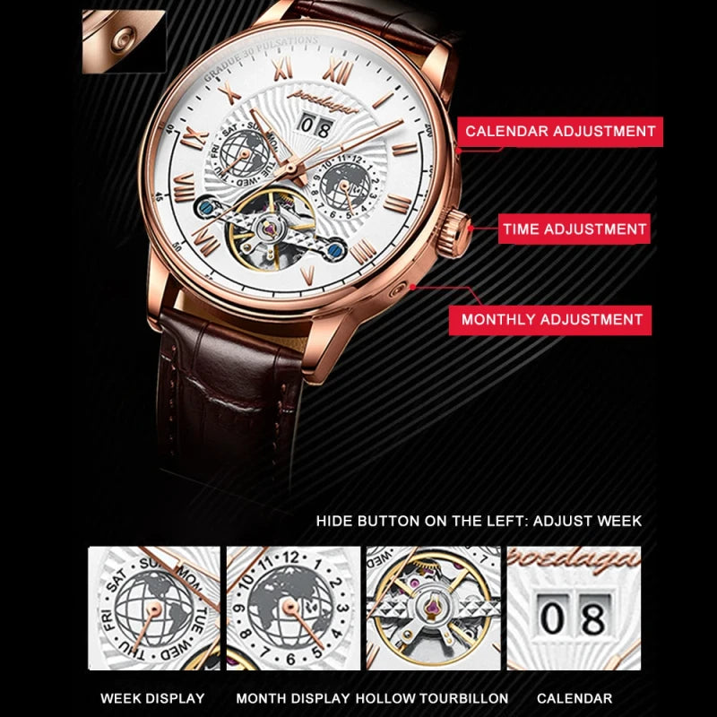 POEDAGAR Automatic Tourbillon Watch – Men’s Business Casual, Luminous Waterproof Leather with Full Calendar