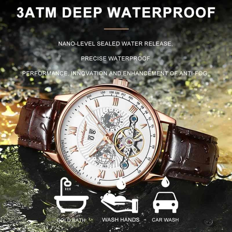 POEDAGAR Automatic Tourbillon Watch – Men’s Business Casual, Luminous Waterproof Leather with Full Calendar