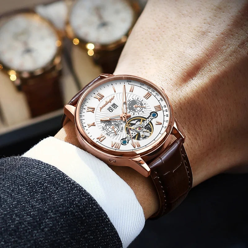 POEDAGAR Automatic Tourbillon Watch – Men’s Business Casual, Luminous Waterproof Leather with Full Calendar