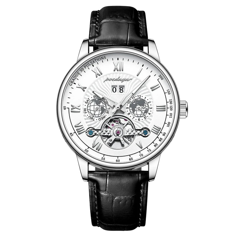 POEDAGAR Automatic Tourbillon Watch – Men’s Business Casual, Luminous Waterproof Leather with Full Calendar