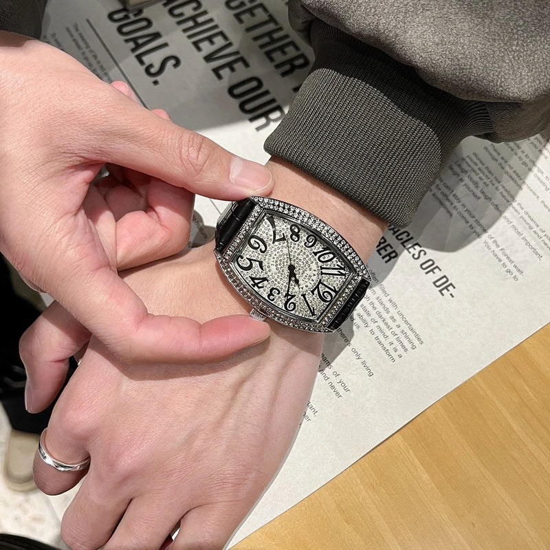 Starry Sky Diamond Men’s Watch – Barrel-Shaped Trendy Quartz Design