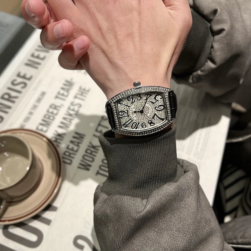 Starry Sky Diamond Men’s Watch – Barrel-Shaped Trendy Quartz Design