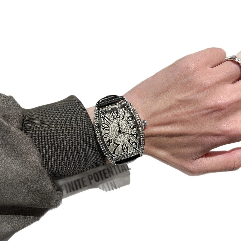 Starry Sky Diamond Men’s Watch – Barrel-Shaped Trendy Quartz Design