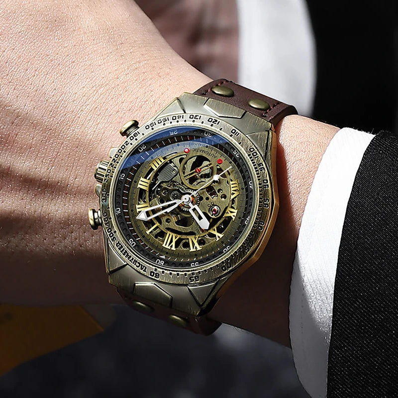 Men’s A275 Skeleton Steampunk Watch – Automatic Mechanical Luxury with Leather Band & Crystal Glass
