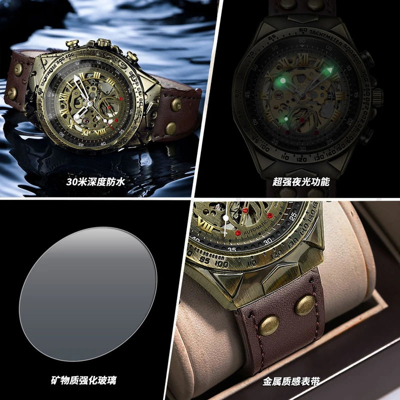Men’s A275 Skeleton Steampunk Watch – Automatic Mechanical Luxury with Leather Band & Crystal Glass