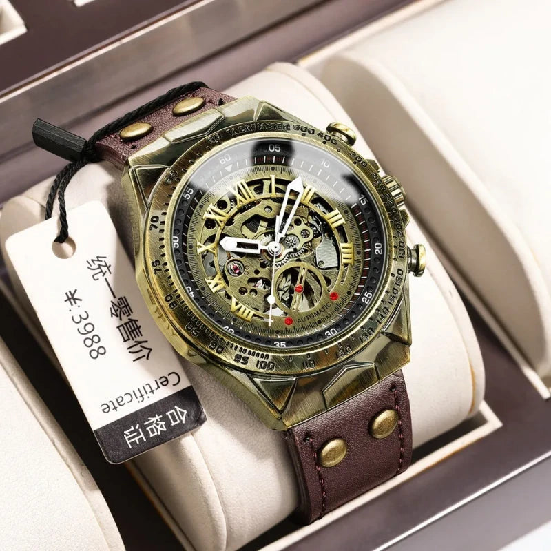 Men’s A275 Skeleton Steampunk Watch – Automatic Mechanical Luxury with Leather Band & Crystal Glass